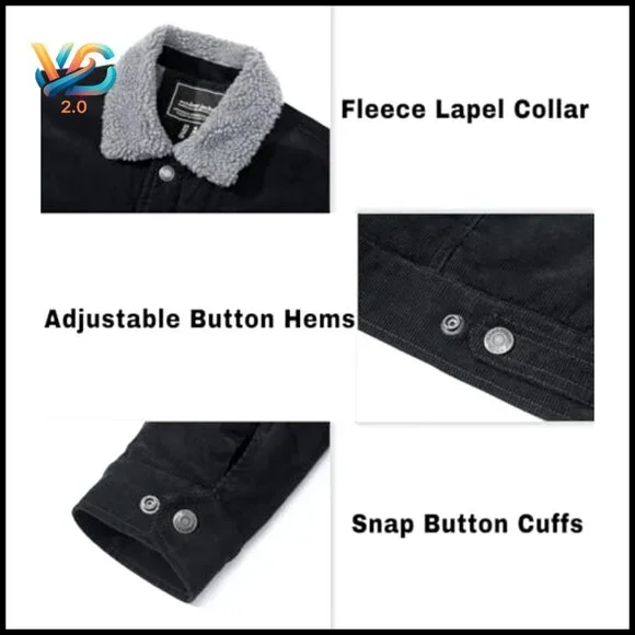 Men's Corduroy Sherpa Lined Jacket, Thermal Fleece, Snap Button Front, 5 Pockets